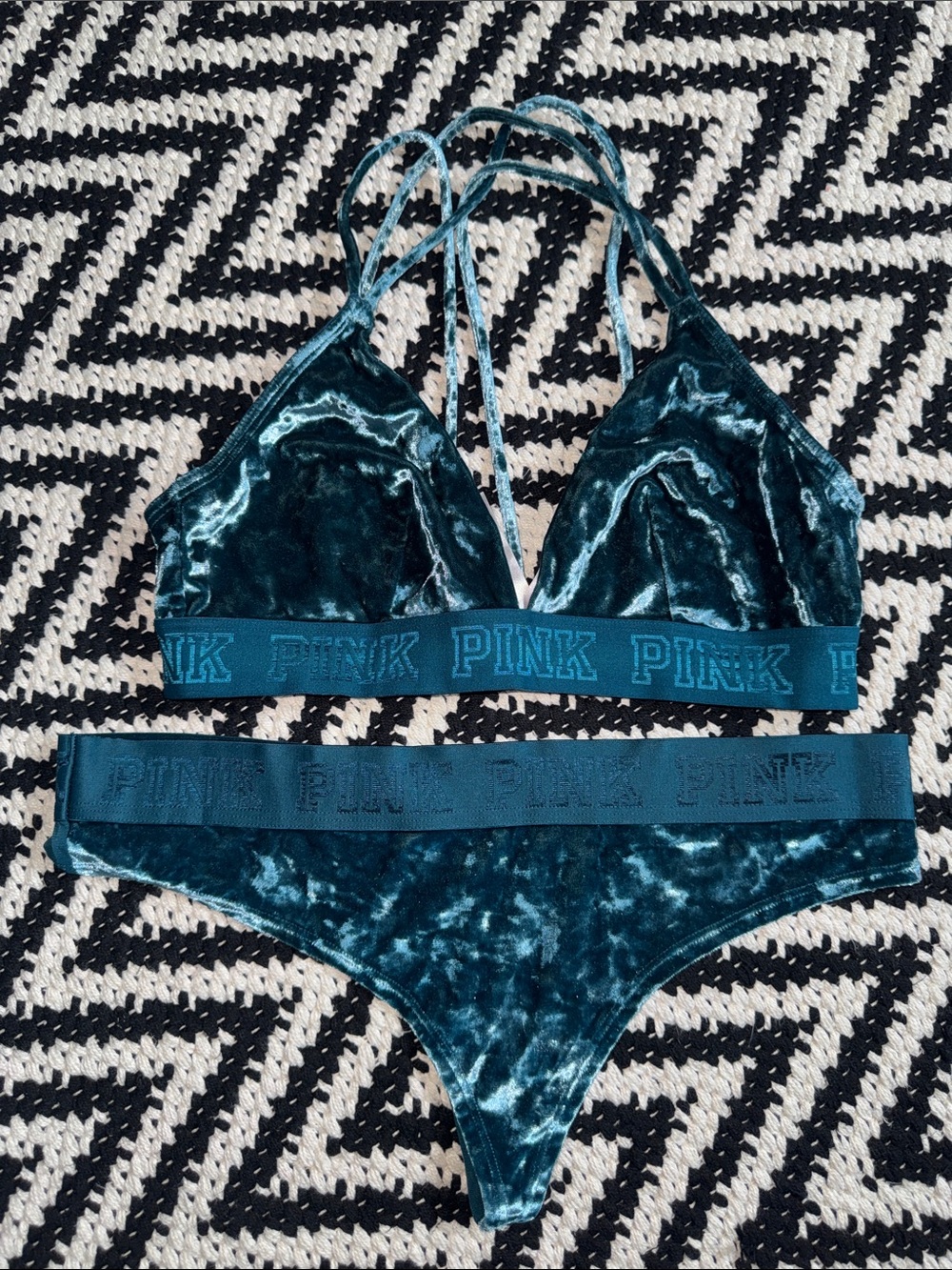 PINK Victoria's Secret Teal Velvet Bralette & Bikini Set